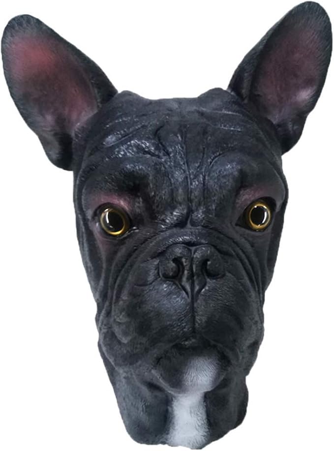 乳胶动物狗面具,法国斗牛犬面具动物全头口罩化妆舞会服装黑色, 黑色